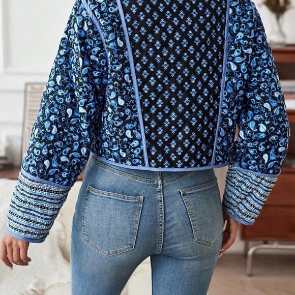 Multicolor Preppy Womens Floral Print Reversible Open Front Winter Coat - Picture 2 of 5